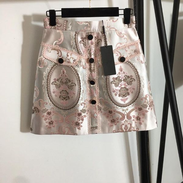 skirts luxury summer women heavy industry single breasted waist exquisite embroidery printed skirt, Black